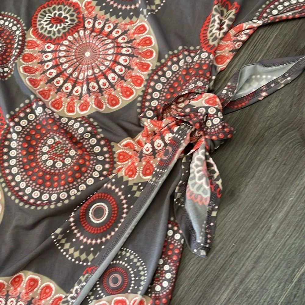 🧡Signature by Robbie Bee Cotton Dress gray & peach vibrant colors cute mini